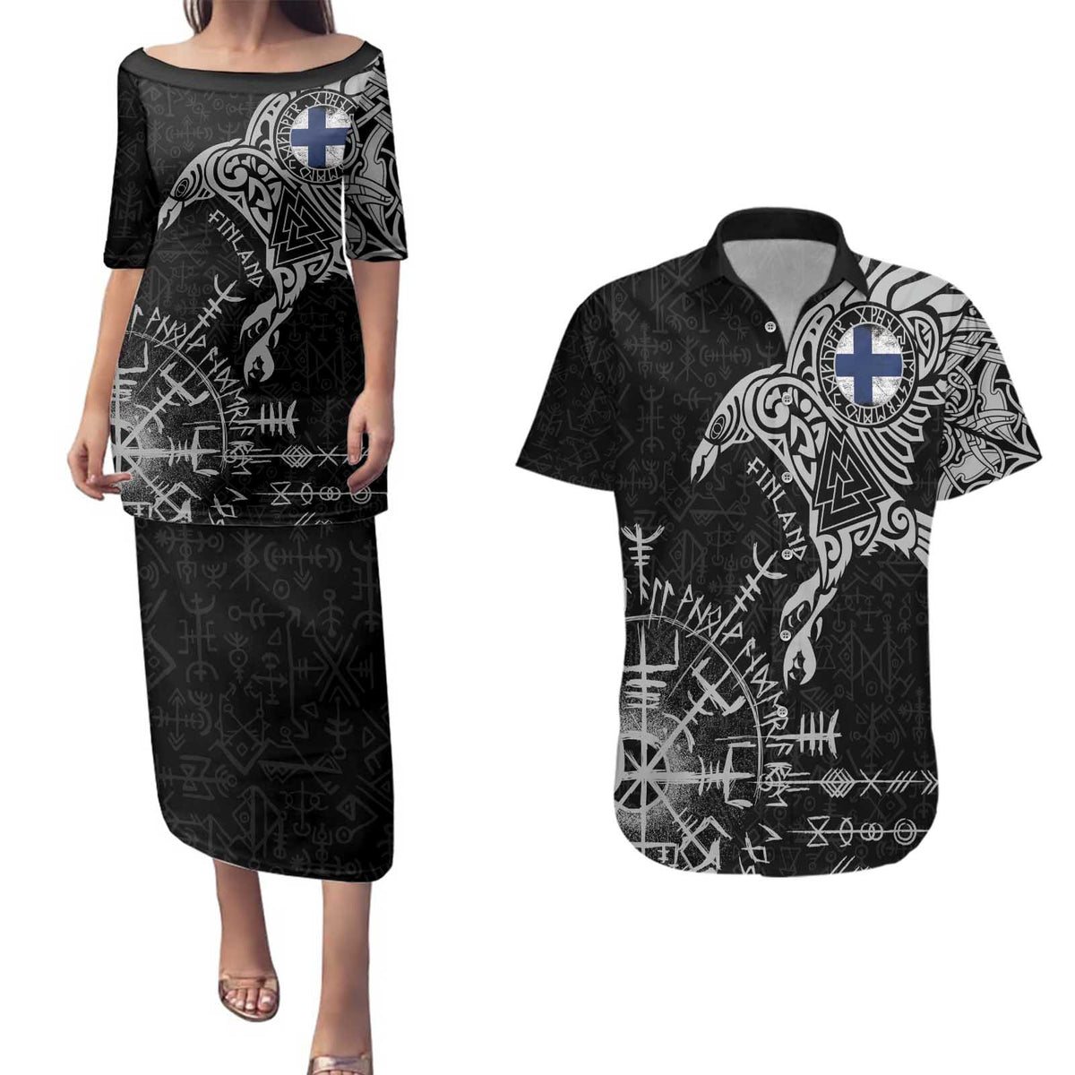 Finland Viking Ravens Couples Matching Puletasi and Hawaiian Shirt Vegvisir Runes Pattern - Wonder Print Shop
