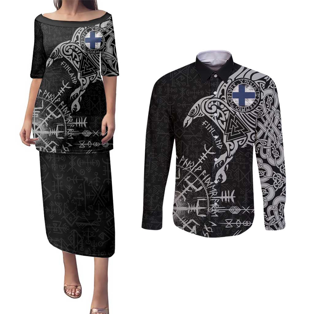 Finland Viking Ravens Couples Matching Puletasi and Long Sleeve Button Shirt Vegvisir Runes Pattern - Wonder Print Shop