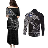 Finland Viking Ravens Couples Matching Puletasi and Long Sleeve Button Shirt Vegvisir Runes Pattern - Wonder Print Shop