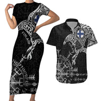 Finland Viking Ravens Couples Matching Short Sleeve Bodycon Dress and Hawaiian Shirt Vegvisir Runes Pattern - Wonder Print Shop