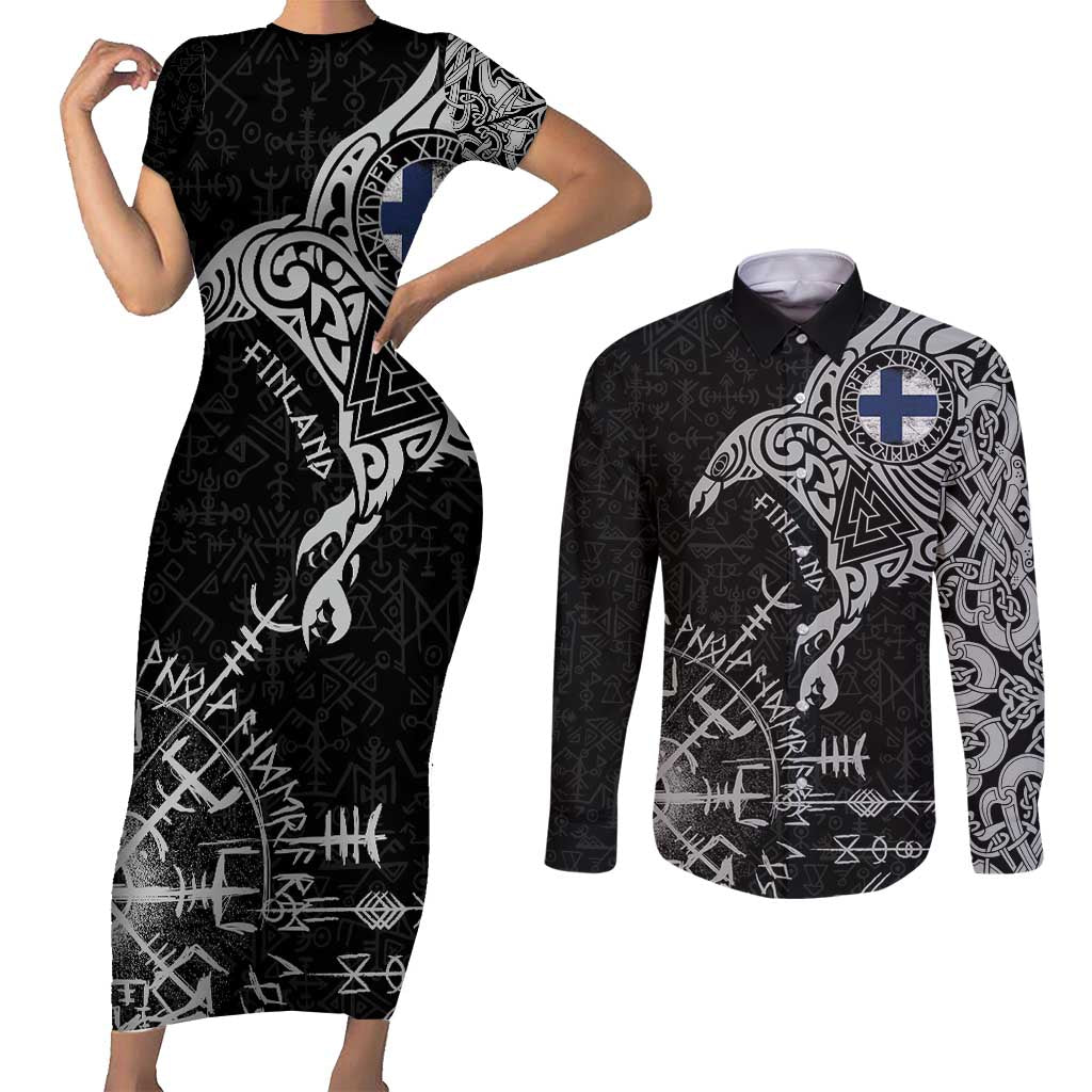Finland Viking Ravens Couples Matching Short Sleeve Bodycon Dress and Long Sleeve Button Shirt Vegvisir Runes Pattern - Wonder Print Shop
