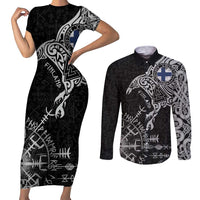Finland Viking Ravens Couples Matching Short Sleeve Bodycon Dress and Long Sleeve Button Shirt Vegvisir Runes Pattern - Wonder Print Shop