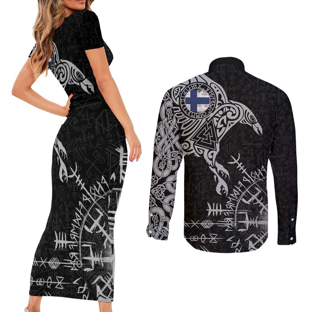 Finland Viking Ravens Couples Matching Short Sleeve Bodycon Dress and Long Sleeve Button Shirt Vegvisir Runes Pattern - Wonder Print Shop
