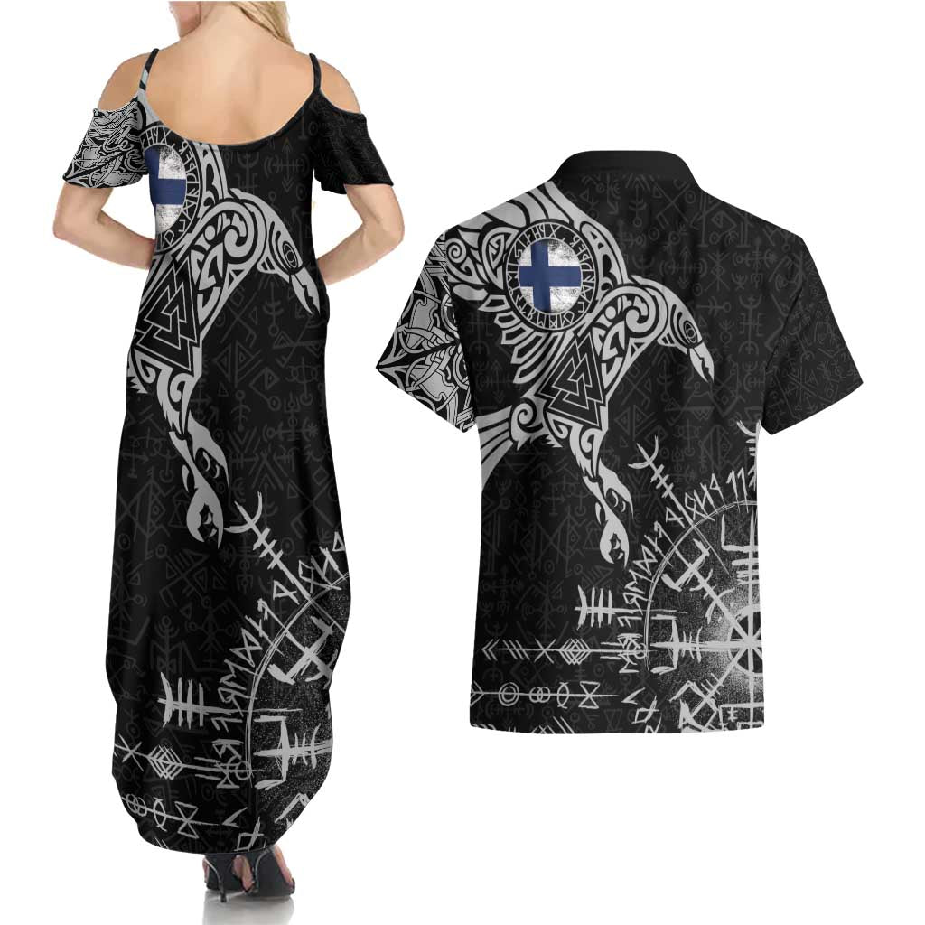 Finland Viking Ravens Couples Matching Summer Maxi Dress and Hawaiian Shirt Vegvisir Runes Pattern - Wonder Print Shop