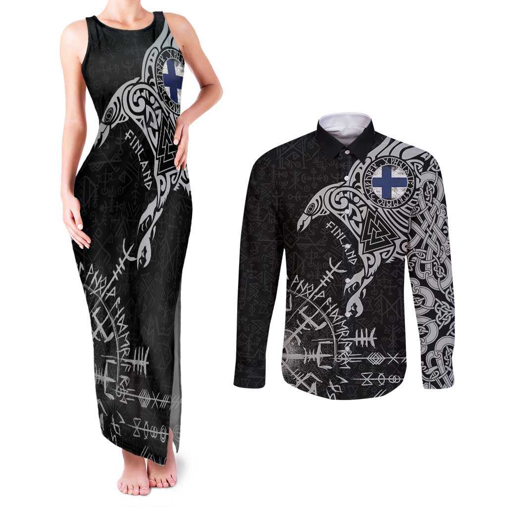 Finland Viking Ravens Couples Matching Tank Maxi Dress and Long Sleeve Button Shirt Vegvisir Runes Pattern - Wonder Print Shop