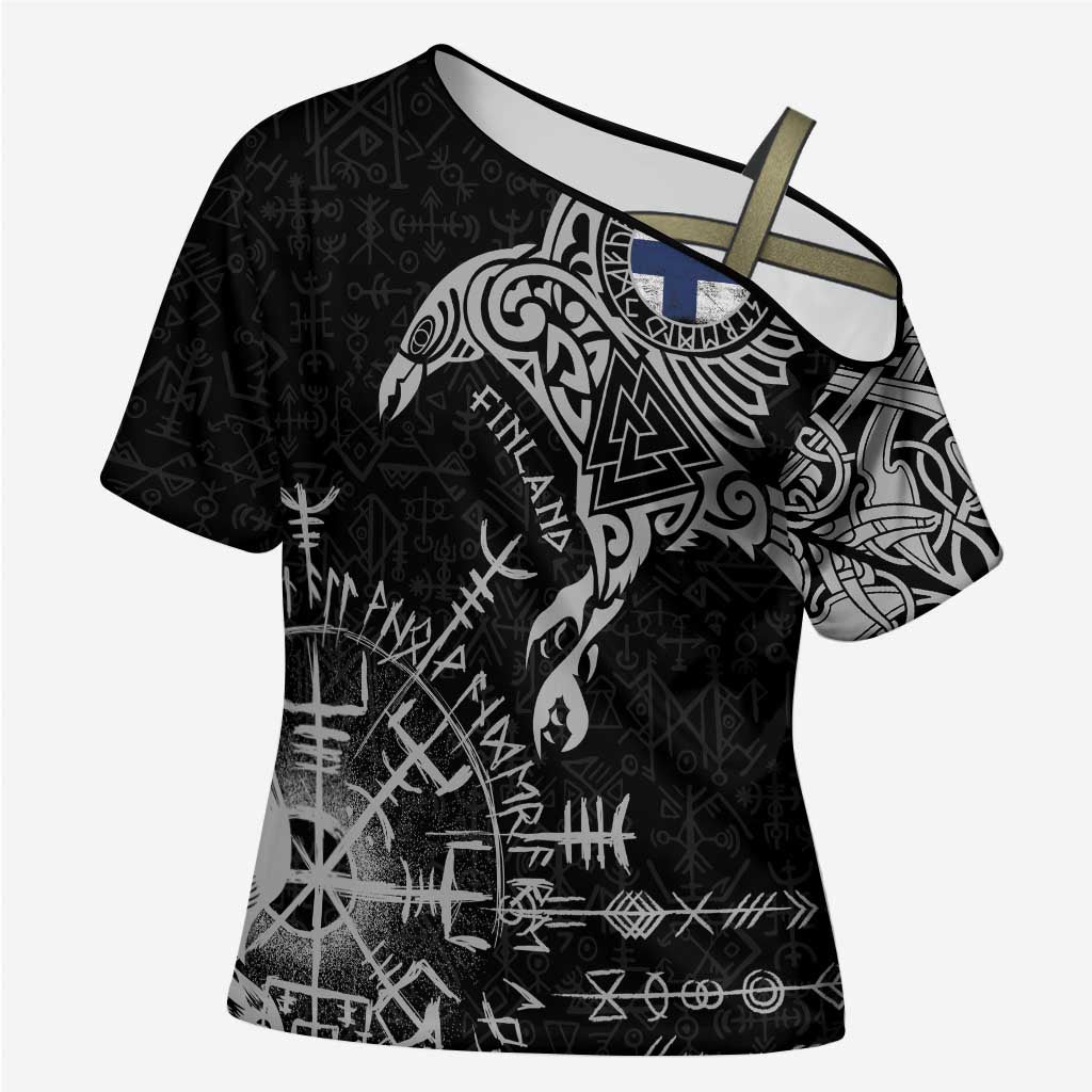 Finland Viking Ravens Cross Shoulder Shirt Vegvisir Runes Pattern - Wonder Print Shop