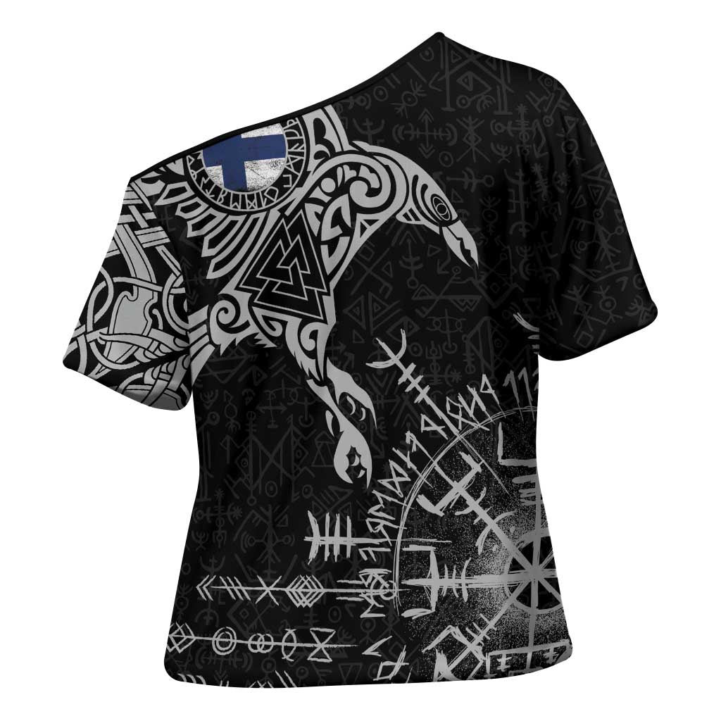 Finland Viking Ravens Cross Shoulder Shirt Vegvisir Runes Pattern - Wonder Print Shop