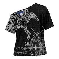 Finland Viking Ravens Cross Shoulder Shirt Vegvisir Runes Pattern - Wonder Print Shop