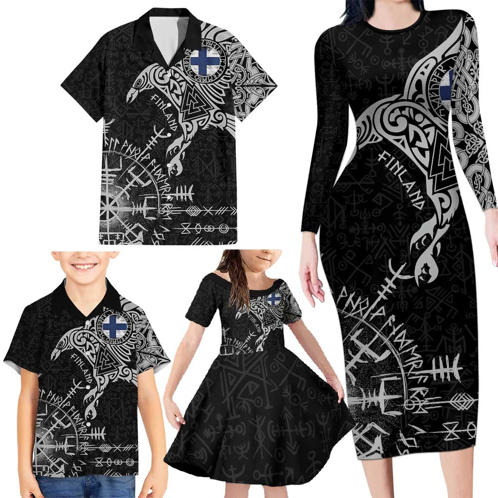 Finland Viking Ravens Family Matching Long Sleeve Bodycon Dress and Hawaiian Shirt Vegvisir Runes Pattern - Wonder Print Shop