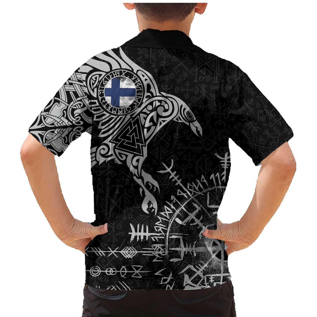Finland Viking Ravens Family Matching Mermaid Dress and Hawaiian Shirt Vegvisir Runes Pattern - Wonder Print Shop