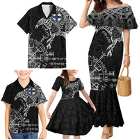 Finland Viking Ravens Family Matching Mermaid Dress and Hawaiian Shirt Vegvisir Runes Pattern - Wonder Print Shop