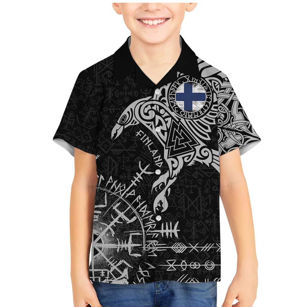 Finland Viking Ravens Family Matching Mermaid Dress and Hawaiian Shirt Vegvisir Runes Pattern - Wonder Print Shop