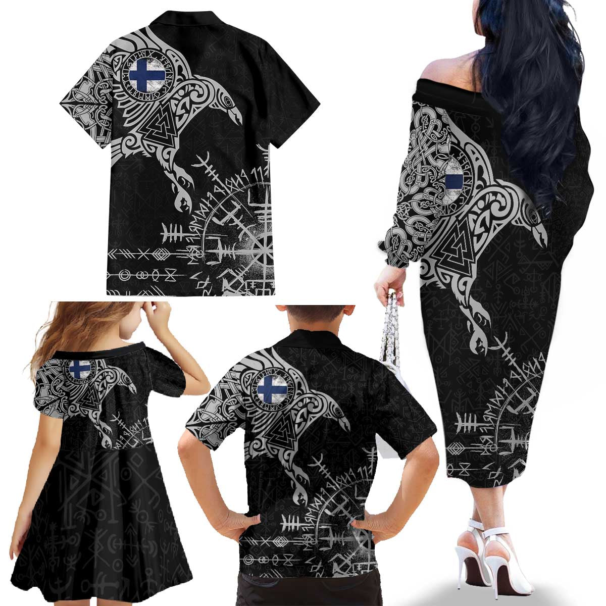 Finland Viking Ravens Family Matching Off The Shoulder Long Sleeve Dress and Hawaiian Shirt Vegvisir Runes Pattern - Wonder Print Shop