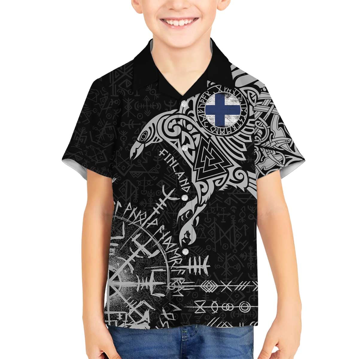 Finland Viking Ravens Family Matching Off The Shoulder Long Sleeve Dress and Hawaiian Shirt Vegvisir Runes Pattern - Wonder Print Shop