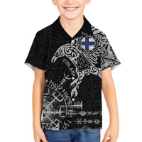Finland Viking Ravens Family Matching Off The Shoulder Long Sleeve Dress and Hawaiian Shirt Vegvisir Runes Pattern - Wonder Print Shop