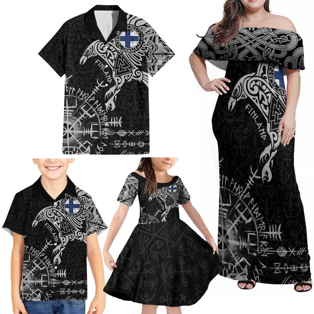Finland Viking Ravens Family Matching Off Shoulder Maxi Dress and Hawaiian Shirt Vegvisir Runes Pattern - Wonder Print Shop