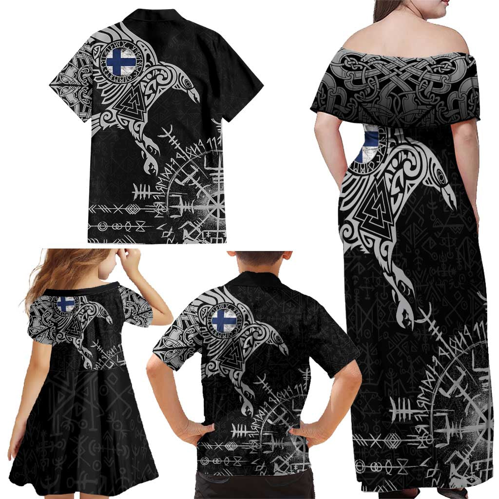 Finland Viking Ravens Family Matching Off Shoulder Maxi Dress and Hawaiian Shirt Vegvisir Runes Pattern - Wonder Print Shop