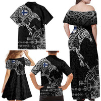 Finland Viking Ravens Family Matching Off Shoulder Maxi Dress and Hawaiian Shirt Vegvisir Runes Pattern - Wonder Print Shop