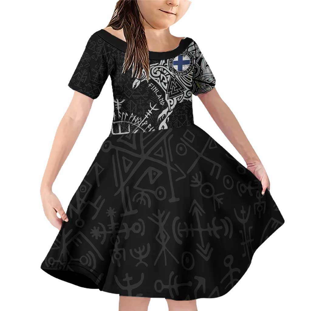 Finland Viking Ravens Family Matching Off Shoulder Short Dress and Hawaiian Shirt Vegvisir Runes Pattern - Wonder Print Shop