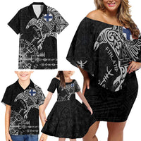 Finland Viking Ravens Family Matching Off Shoulder Short Dress and Hawaiian Shirt Vegvisir Runes Pattern - Wonder Print Shop