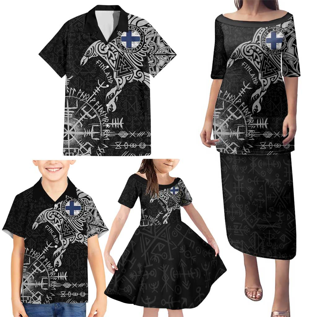 Finland Viking Ravens Family Matching Puletasi and Hawaiian Shirt Vegvisir Runes Pattern - Wonder Print Shop