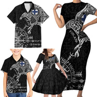 Finland Viking Ravens Family Matching Short Sleeve Bodycon Dress and Hawaiian Shirt Vegvisir Runes Pattern - Wonder Print Shop