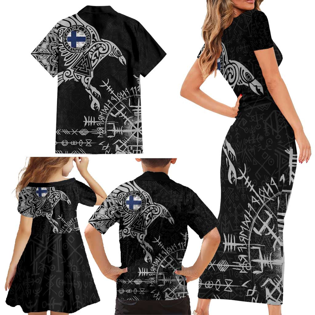 Finland Viking Ravens Family Matching Short Sleeve Bodycon Dress and Hawaiian Shirt Vegvisir Runes Pattern - Wonder Print Shop
