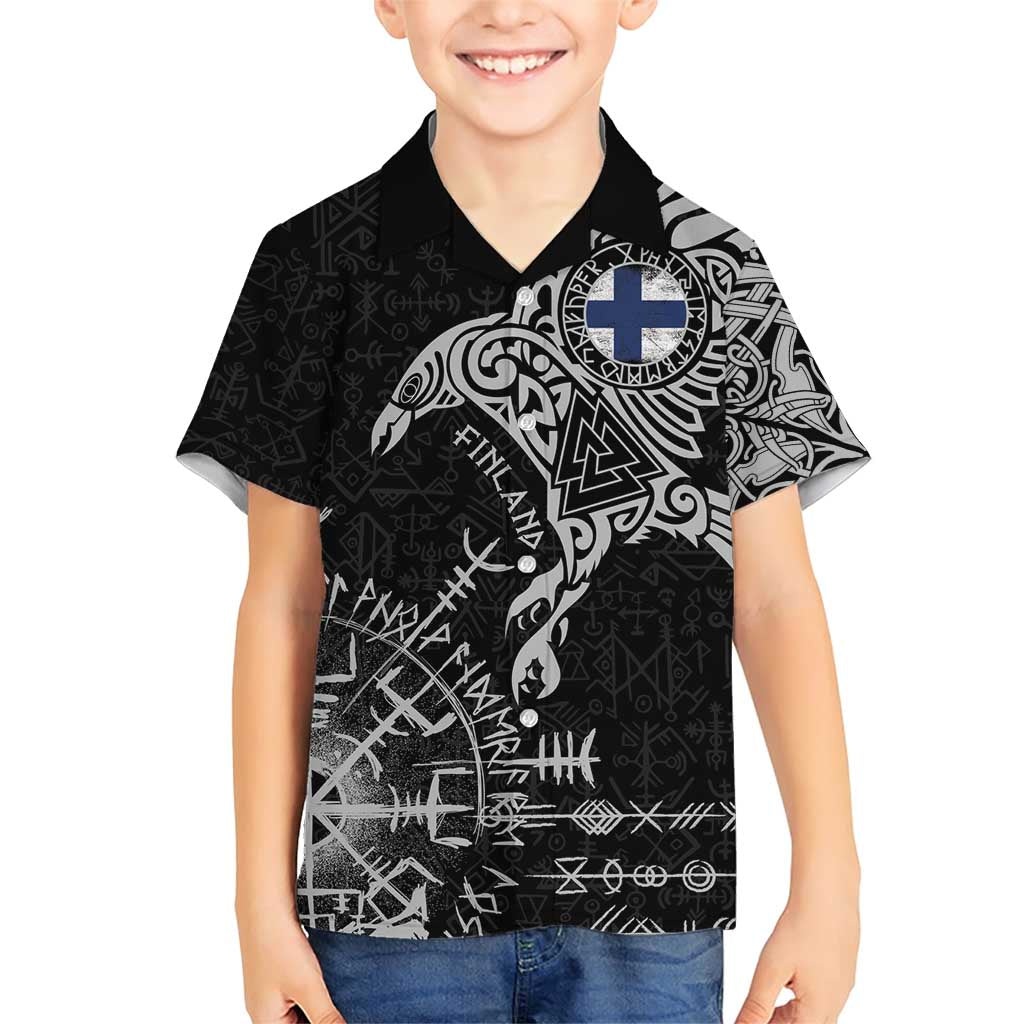 Finland Viking Ravens Family Matching Short Sleeve Bodycon Dress and Hawaiian Shirt Vegvisir Runes Pattern - Wonder Print Shop
