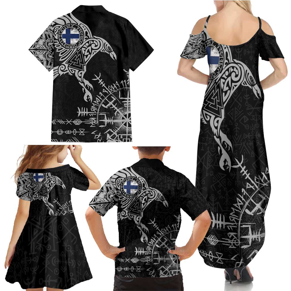 Finland Viking Ravens Family Matching Summer Maxi Dress and Hawaiian Shirt Vegvisir Runes Pattern - Wonder Print Shop