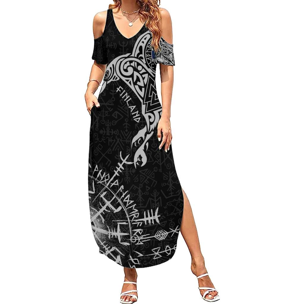Finland Viking Ravens Family Matching Summer Maxi Dress and Hawaiian Shirt Vegvisir Runes Pattern - Wonder Print Shop
