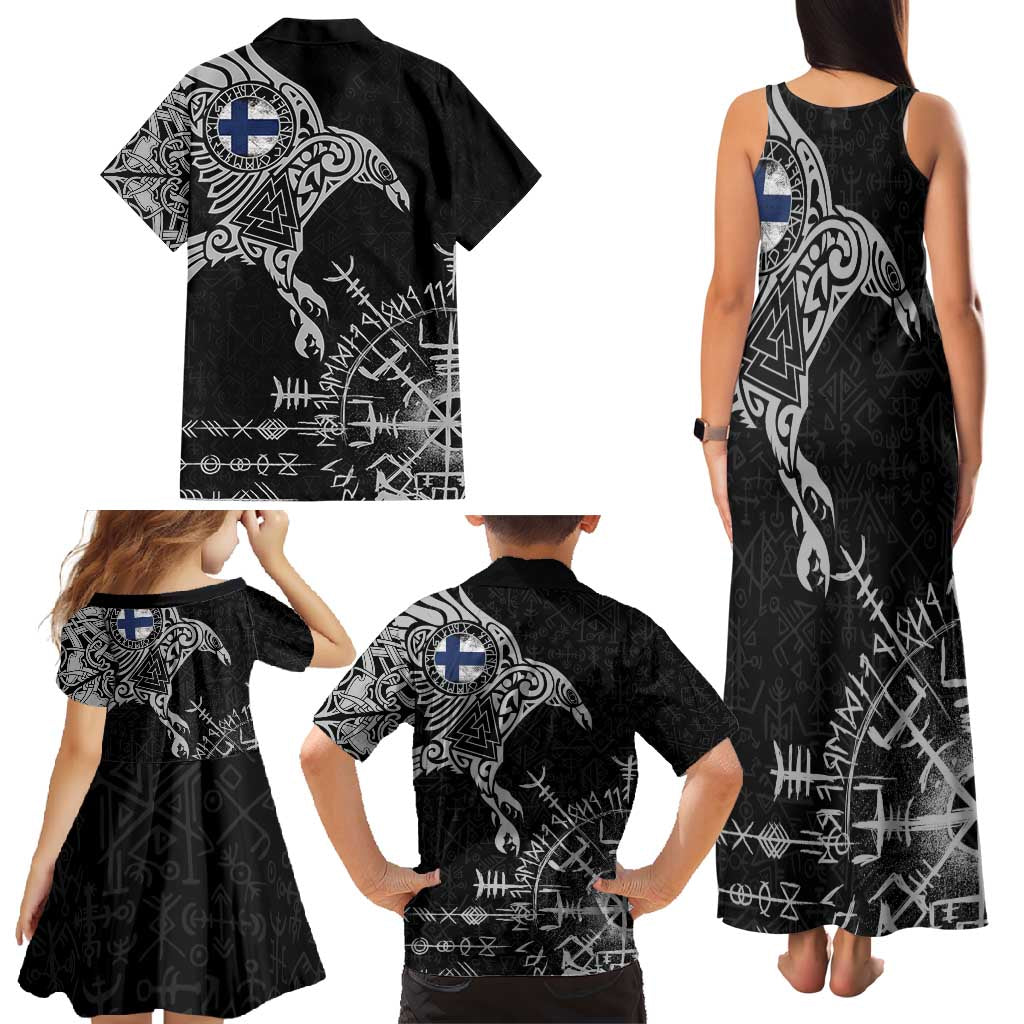 Finland Viking Ravens Family Matching Tank Maxi Dress and Hawaiian Shirt Vegvisir Runes Pattern - Wonder Print Shop
