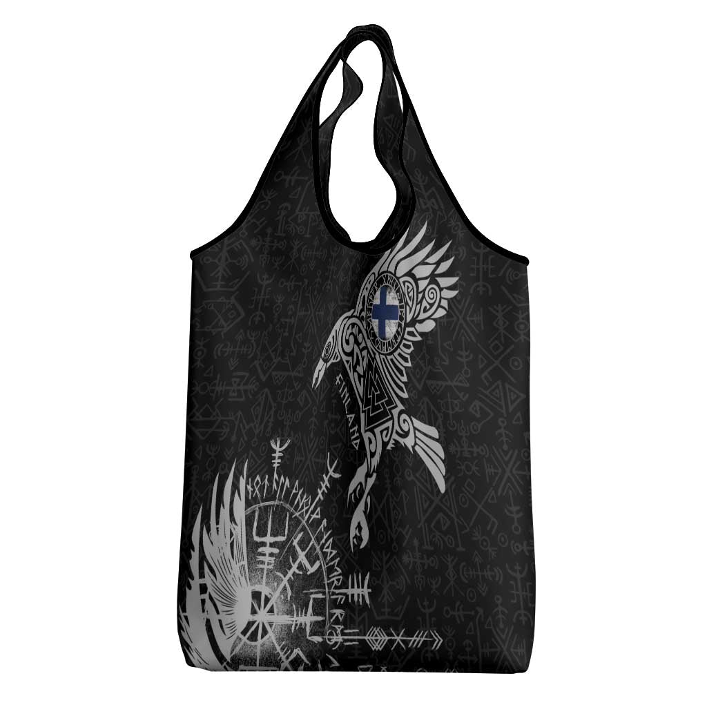 Finland Viking Ravens Grocery Bag Vegvisir Runes Pattern - Wonder Print Shop