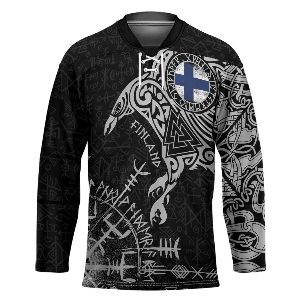 Finland Viking Ravens Hockey Jersey Vegvisir Runes Pattern - Wonder Print Shop