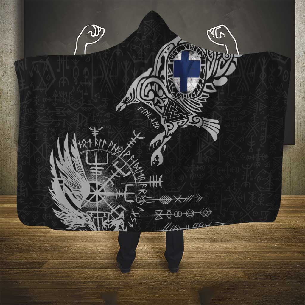 Finland Viking Ravens Hooded Blanket Vegvisir Runes Pattern - Wonder Print Shop