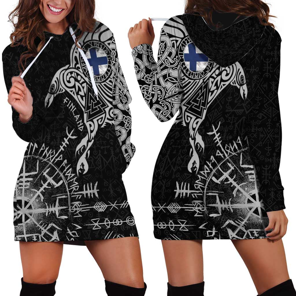 Finland Viking Ravens Hoodie Dress Vegvisir Runes Pattern - Wonder Print Shop