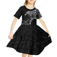 Finland Viking Ravens Kid Short Sleeve Dress Vegvisir Runes Pattern - Wonder Print Shop
