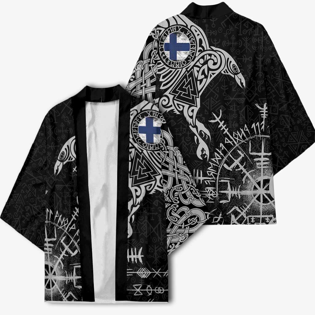Finland Viking Ravens Kimono Vegvisir Runes Pattern - Wonder Print Shop