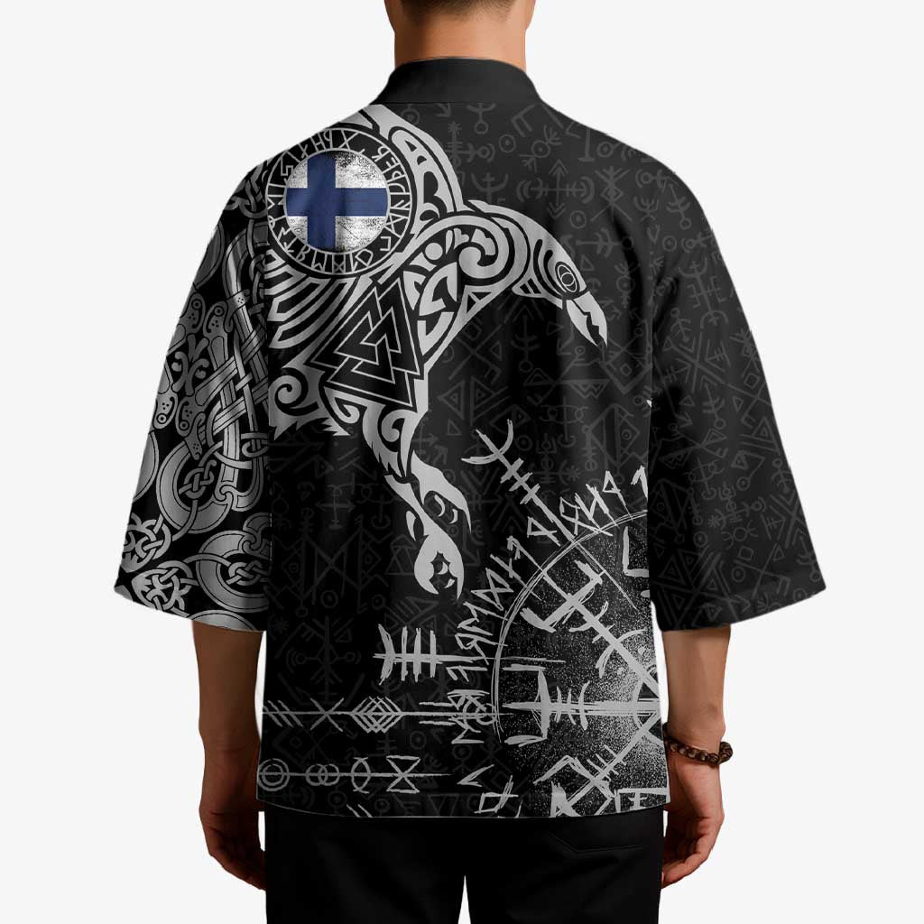 Finland Viking Ravens Kimono Vegvisir Runes Pattern - Wonder Print Shop