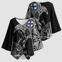 Finland Viking Ravens Kimono Sleeve Blouse Vegvisir Runes Pattern - Wonder Print Shop