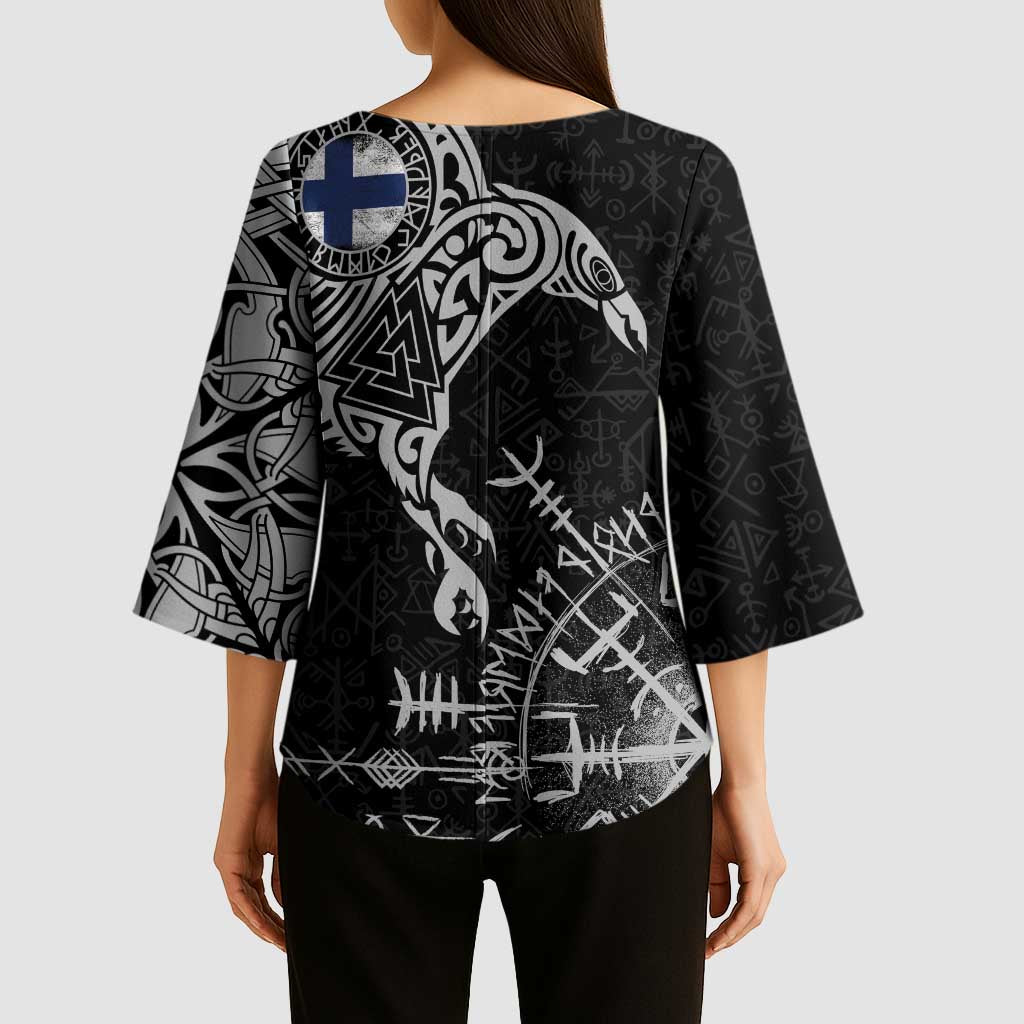 Finland Viking Ravens Kimono Sleeve Blouse Vegvisir Runes Pattern - Wonder Print Shop