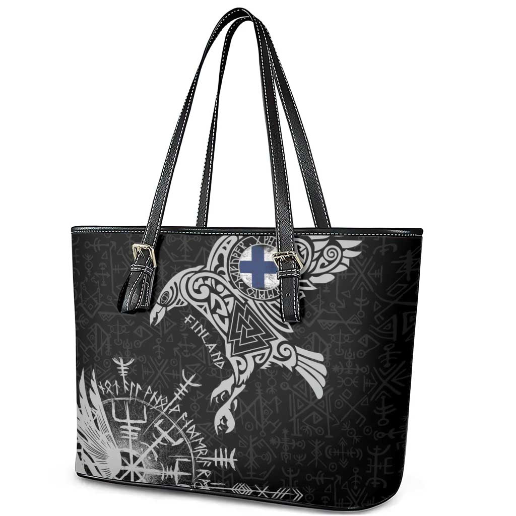 Finland Viking Ravens Leather Tote Bag Vegvisir Runes Pattern - Wonder Print Shop