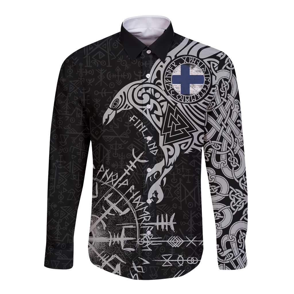 Finland Viking Ravens Long Sleeve Button Shirt Vegvisir Runes Pattern - Wonder Print Shop