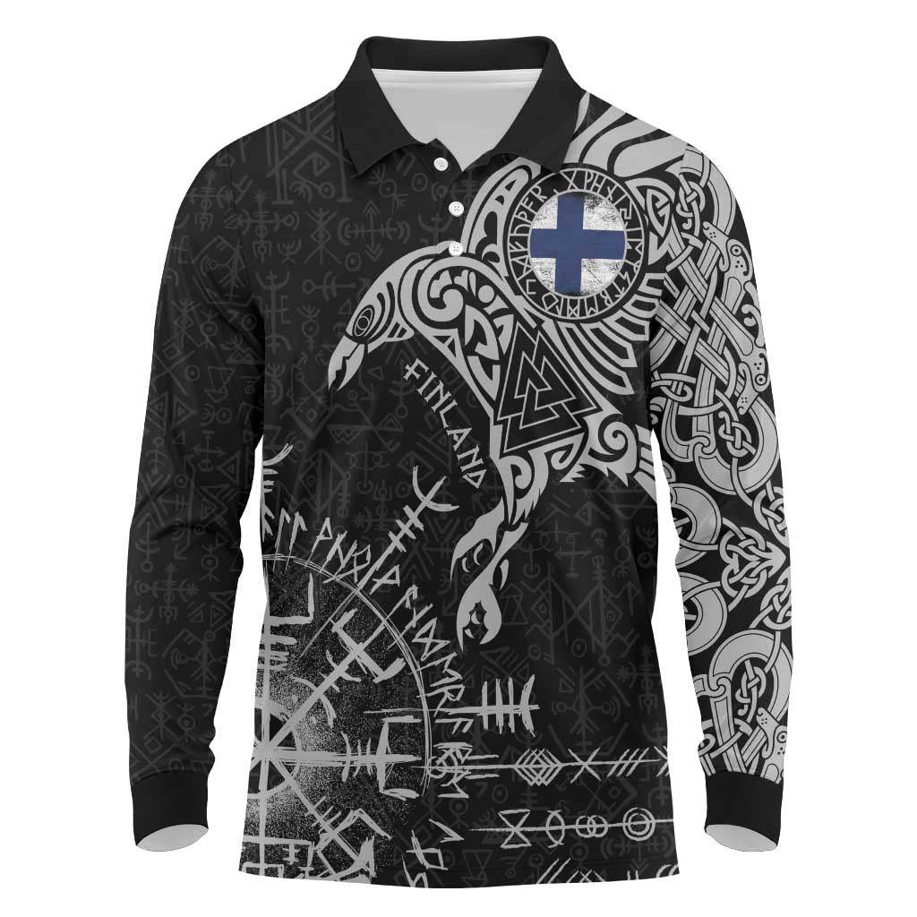 Finland Viking Ravens Long Sleeve Polo Shirt Vegvisir Runes Pattern - Wonder Print Shop