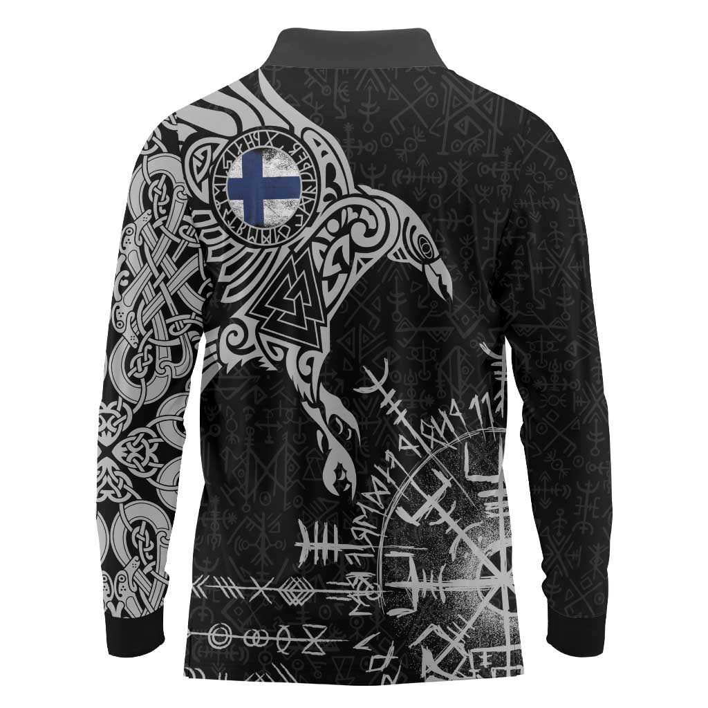 Finland Viking Ravens Long Sleeve Polo Shirt Vegvisir Runes Pattern - Wonder Print Shop