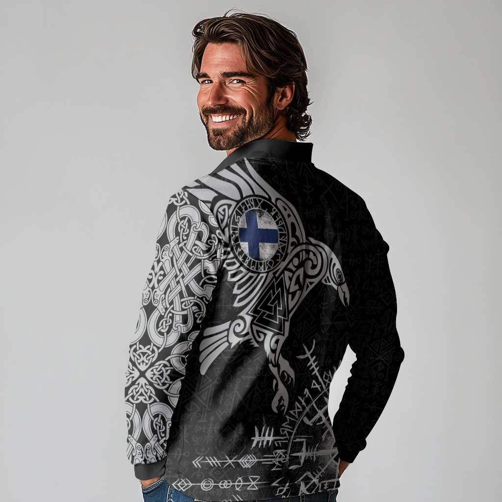 Finland Viking Ravens Long Sleeve Polo Shirt Vegvisir Runes Pattern - Wonder Print Shop