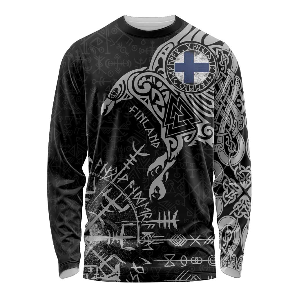 Finland Viking Ravens Long Sleeve Shirt Vegvisir Runes Pattern - Wonder Print Shop