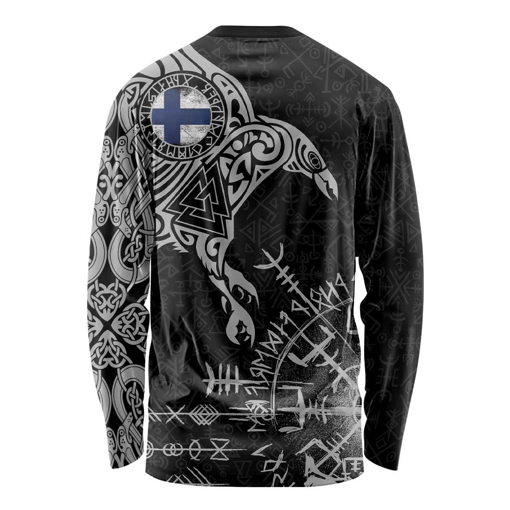 Finland Viking Ravens Long Sleeve Shirt Vegvisir Runes Pattern - Wonder Print Shop