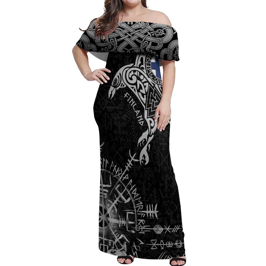 Finland Viking Ravens Off Shoulder Maxi Dress Vegvisir Runes Pattern - Wonder Print Shop