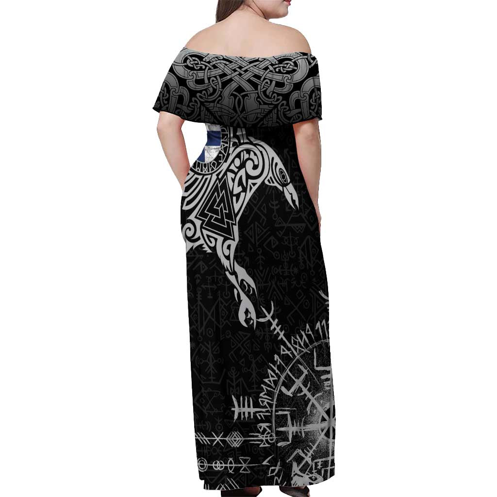 Finland Viking Ravens Off Shoulder Maxi Dress Vegvisir Runes Pattern - Wonder Print Shop