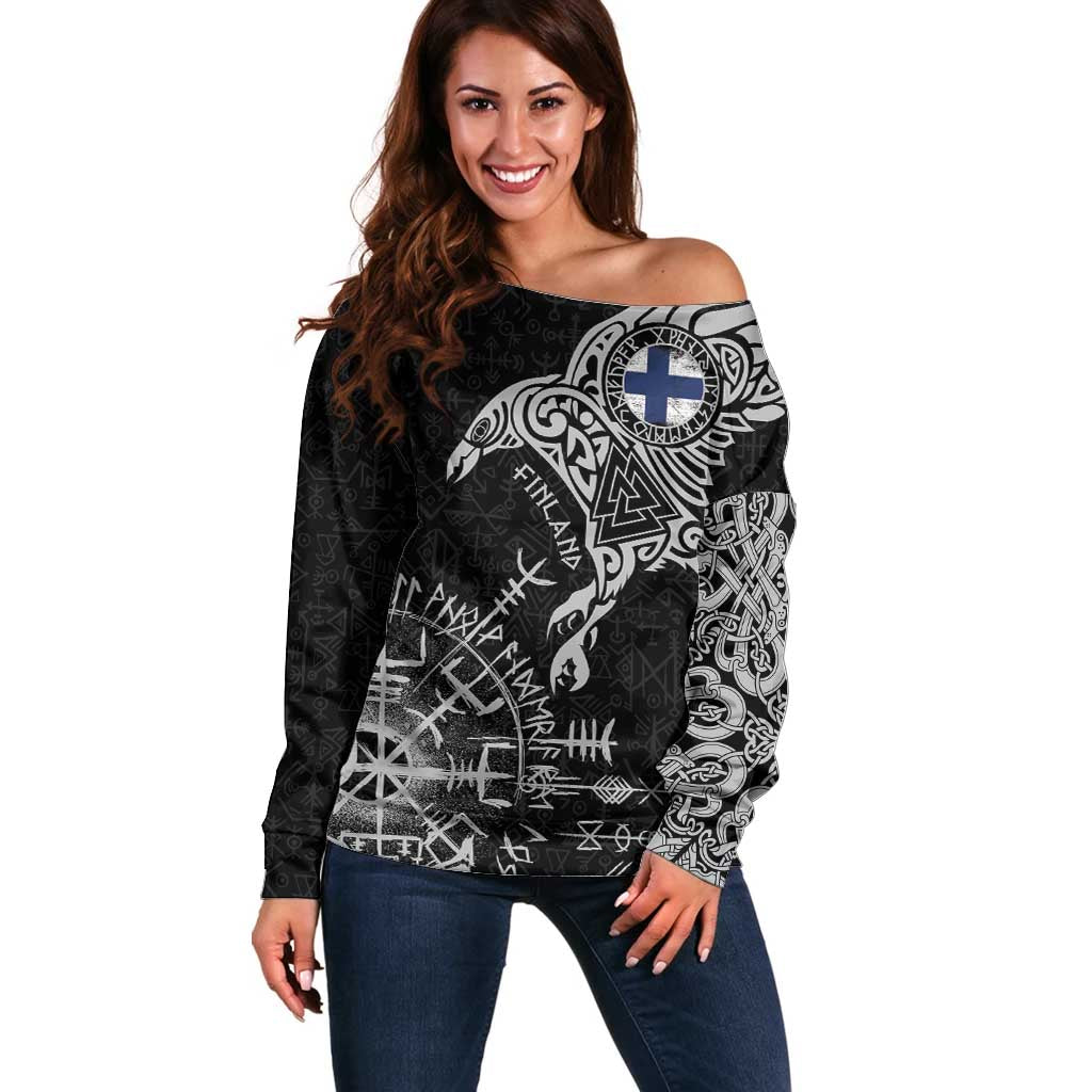 Finland Viking Ravens Off Shoulder Sweater Vegvisir Runes Pattern - Wonder Print Shop